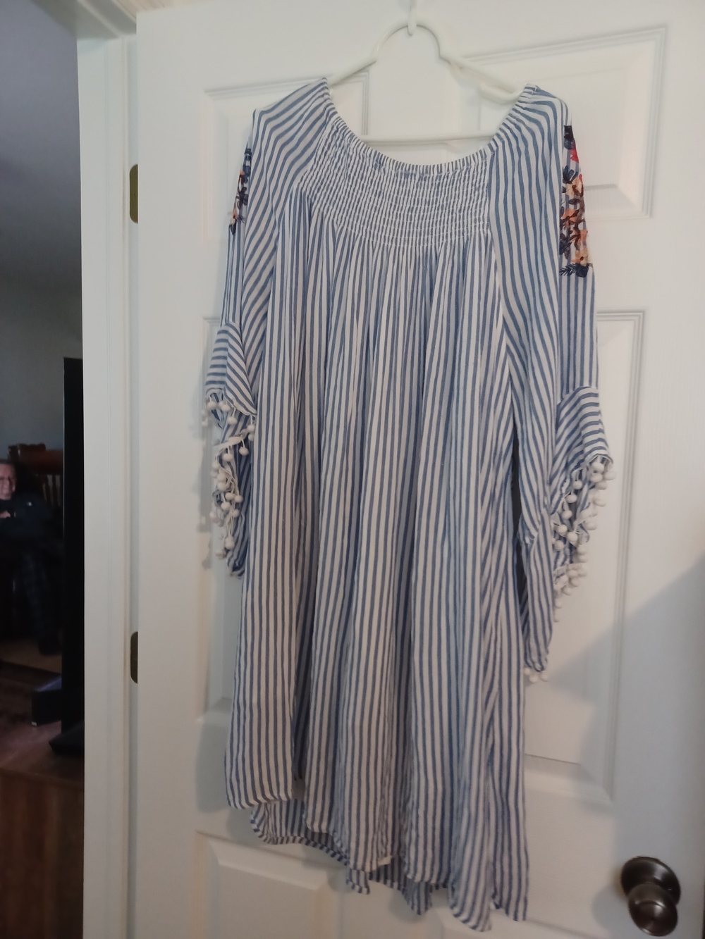 Alya Blue and White Striped Off-Shoulder Tunic Dress with Embroidered Sleeves